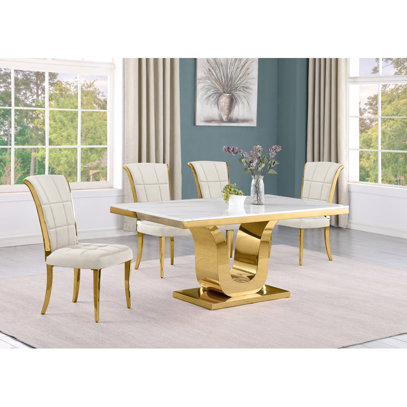 Bardem Marble Top Pedestal Dining Set, Cream, 5 Piece