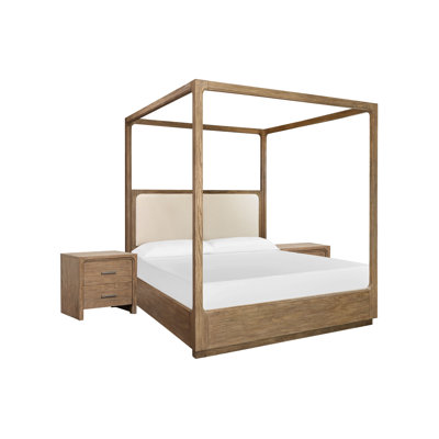 Queen Upholstered Poster Bed With 2 Nightstands