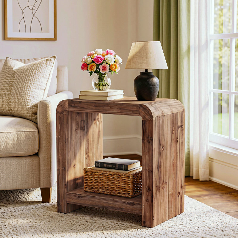 Table de bout en bois massif 23,62 po avec tablettes de rangement pour le salon
