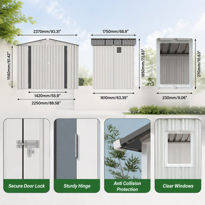 Remise de jardin extérieure en métal 8 x 6 pi, durable et imperméable avec toit incliné, fenêtre et portes verrouillables pour outils et vélos, blanc et gris