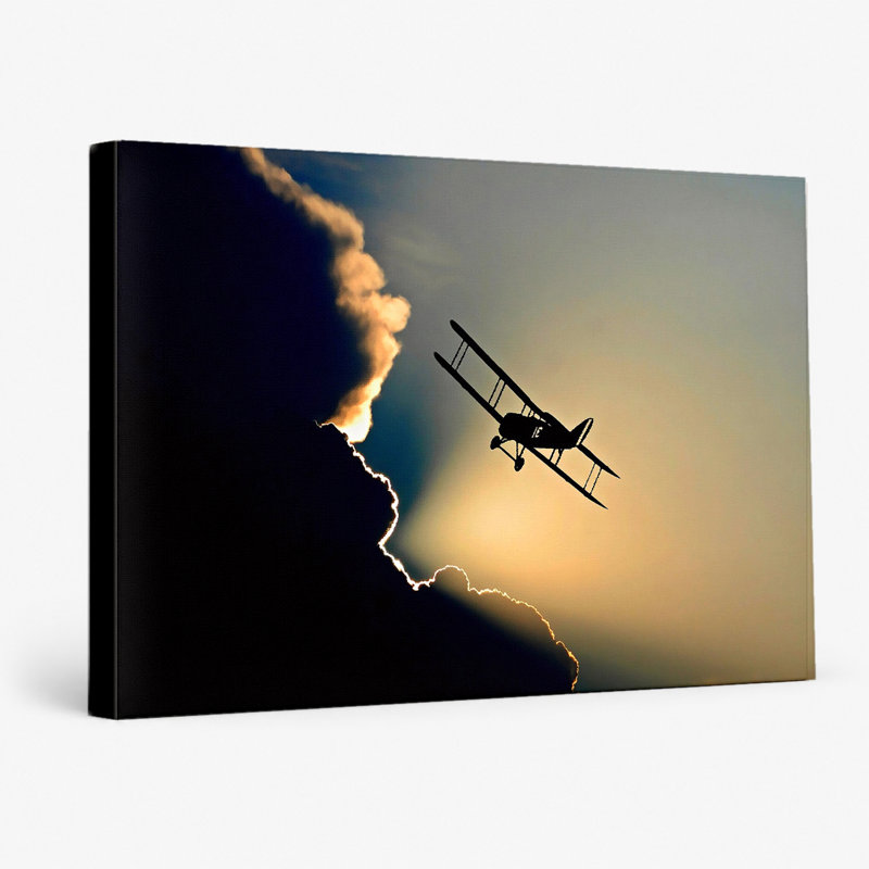 «Biplane Silhouette at Sunset», art mural sur toile, 30" W x 20" H