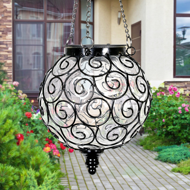 Clear Glass and Black Metal Solar Hanging Lantern with LED Lights
