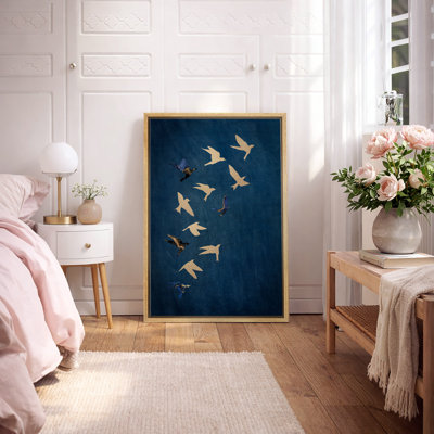 Indigo Navy Blue Bird Flying Artwork, Vintage Abstract Minimalist Bedroom Pictures, Large Framed Canvas Giclee Print Wall Art