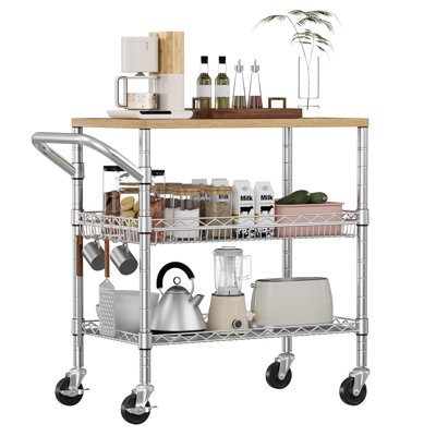 3-Tier Rolling Kitchen Cart on Wheels, Heavy Duty NSF Commercial Utility Cart with Wood Tabletop, Metal Serving Storage Island Cart with Handle and Side Hooks
