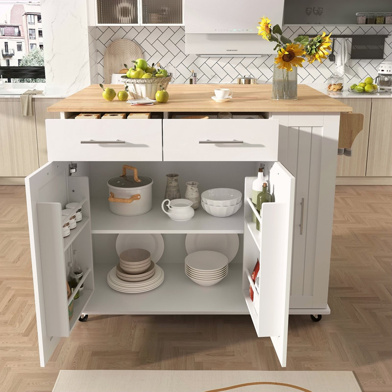 Kitchen Island With Drop Leaf, Kitchen Storage Cart With 3 Tier Pull Out Cabinet Organizer, Internal Storage Rack, Rolling Kitchen Cart On Wheels With Towel Rack, 2 Drawers, For Kitchen