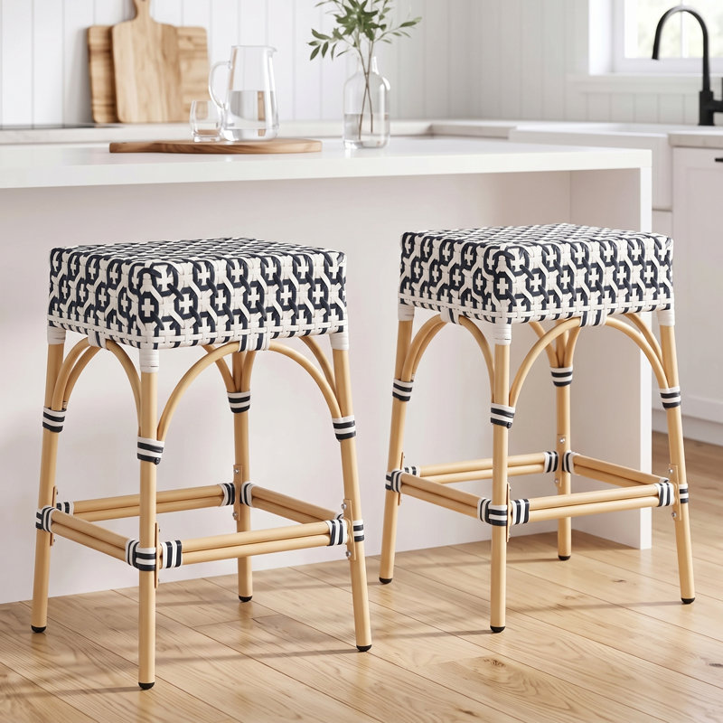 Roan 25'' H Wicker Patio Bar Stool, Black/White