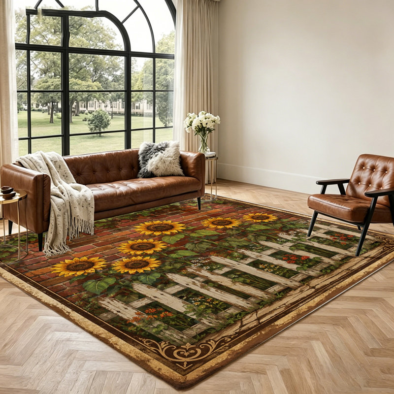 Tapis décoratif motif clôture en briques et tournesols, tapis d'appoint rustique pour jardin, tapis de sol décoratif pour salon, chambre à coucher, décoration intérieure et accessoires