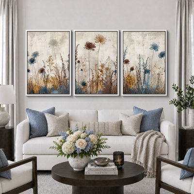 Vibrant Wildflower "Rustic Wildflowers Floral Artwork, Neutral Botanical Living Room Wall Pictures, 3 Pieces Canvas Giclee Print Wall Art" 16"x24"x3 pcs, 24"x36"x3 pcs