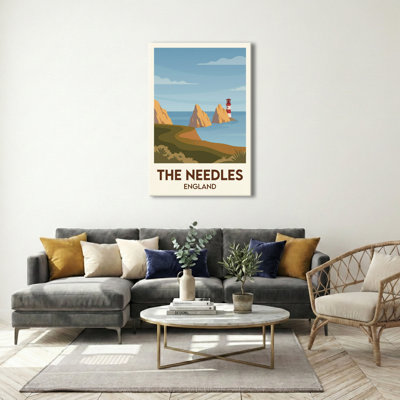 The Needles, England - Romantic Coastal Travel Poster of Isle of Wight Chalk Stacks and Lighthouse. Giclee Print on Wrapped Canvas. Wall Art, Home Decor - Natural Landmarks, England 1 Piece Wrapped Canvas Wall Art