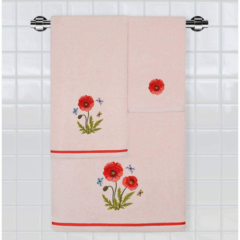 Blush Cotton Hand Towels Set with Embroidered Poppy Flowers