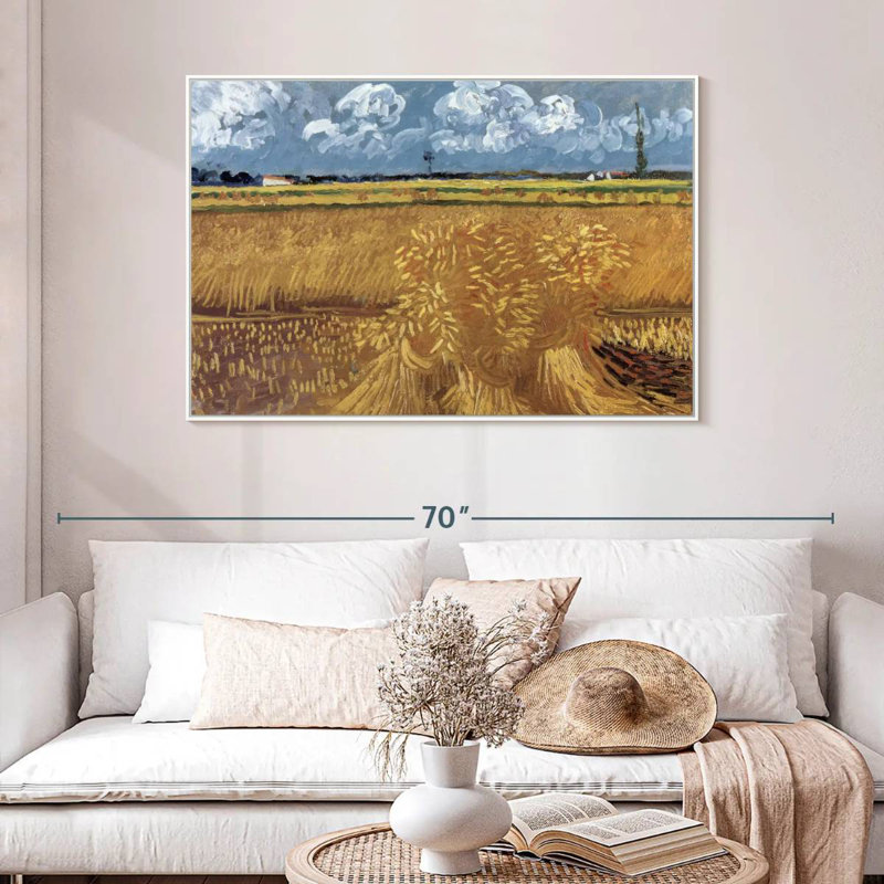 Champ de blé avec réas, 46 po x 31 po, Cadre flottant blanc