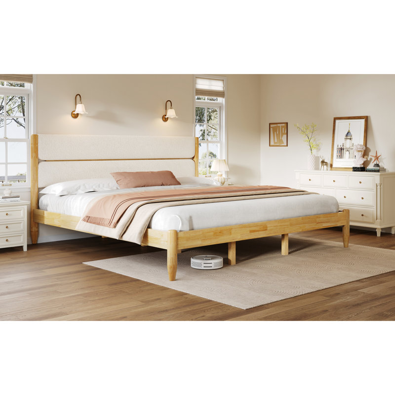 Structure de lit très grand en bois d'hévéa massif, panneaux de tête de lit en molleton, conception de pieds fuselés latéraux pour une élégance de chambre à coucher avec tête de lit tapissier, pieds, support central, amplement de rangement en dessous