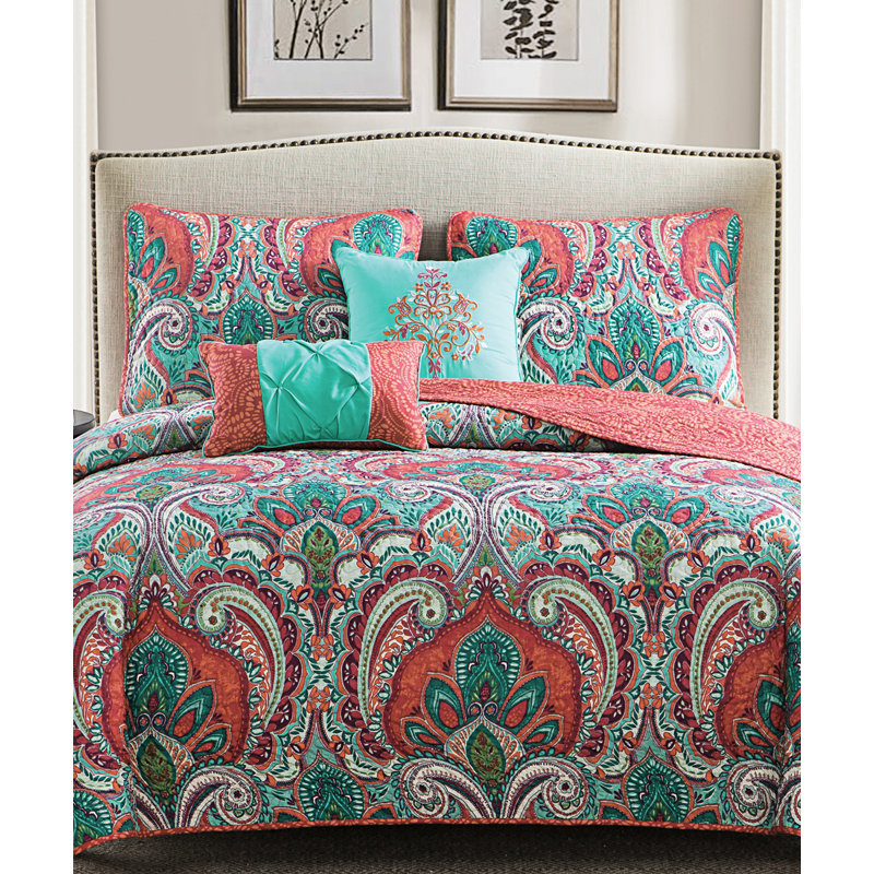 Casablanca Bohemian Standard Damask Quilt, King Quilt + 2 King Shams + 2 Throw Pillows, Coral Turquoise Green Pink