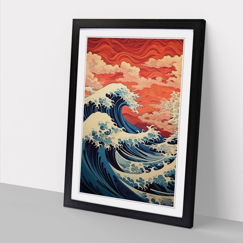 Wave Japanese Geometric No.4 - Single Picture Frame Print on Wood, 34cm H x 25cm W, Black Framed