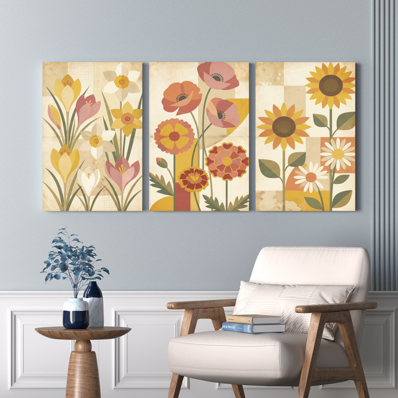Ensemble de 3 tableaux sur toile à motifs floraux pour la décoration du salon et de la chambre, H 36 po x l 72 po
