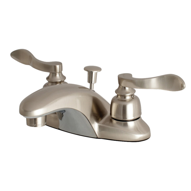 Kingston Brass NuWave French Two-Handle 3-Hole Deck Mount 4" Centerset Bathroom Faucet with Plastic Pop-Up, Brushed Nickel