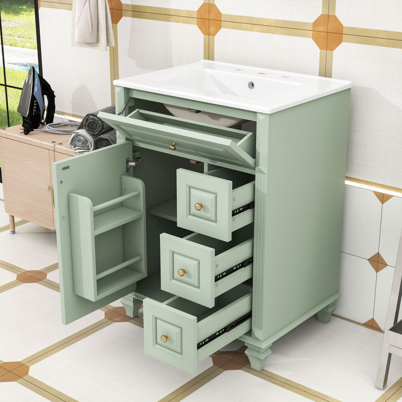 Meuble-lavabo autoportant élégant avec lavabo en céramique, tiroir rabattable, tablette réglable et support de rangement