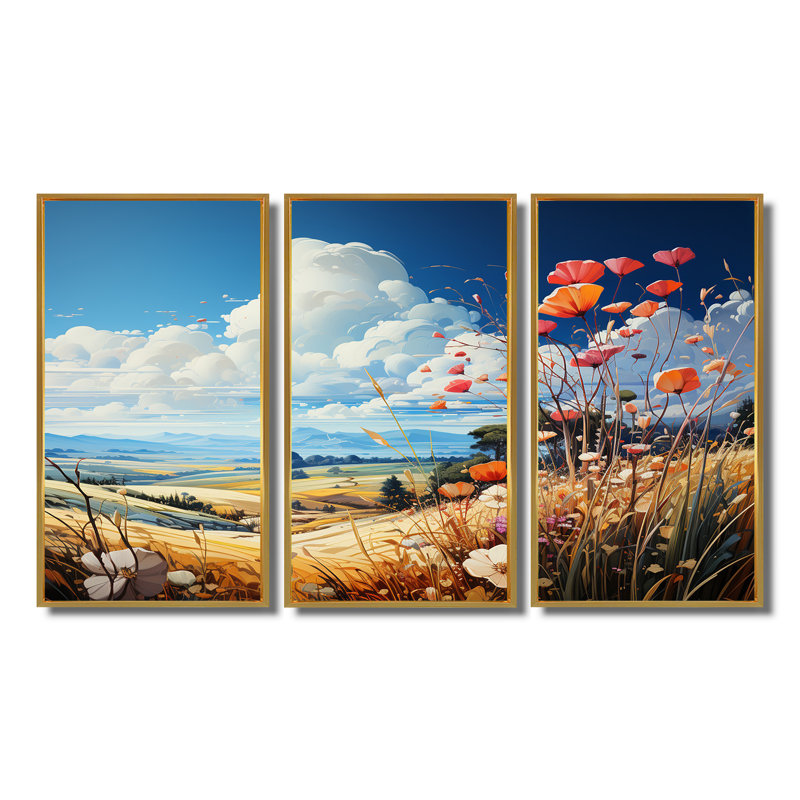 Blooming Poppies In The Meadow - Ensemble d'art mural prairie, Cadre flottant doré, H 28 po x l 36 po x P 1 po