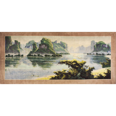 Vintage Large Long and Narrow Size Chinese Scenic Pictorial Design Knotted Rug