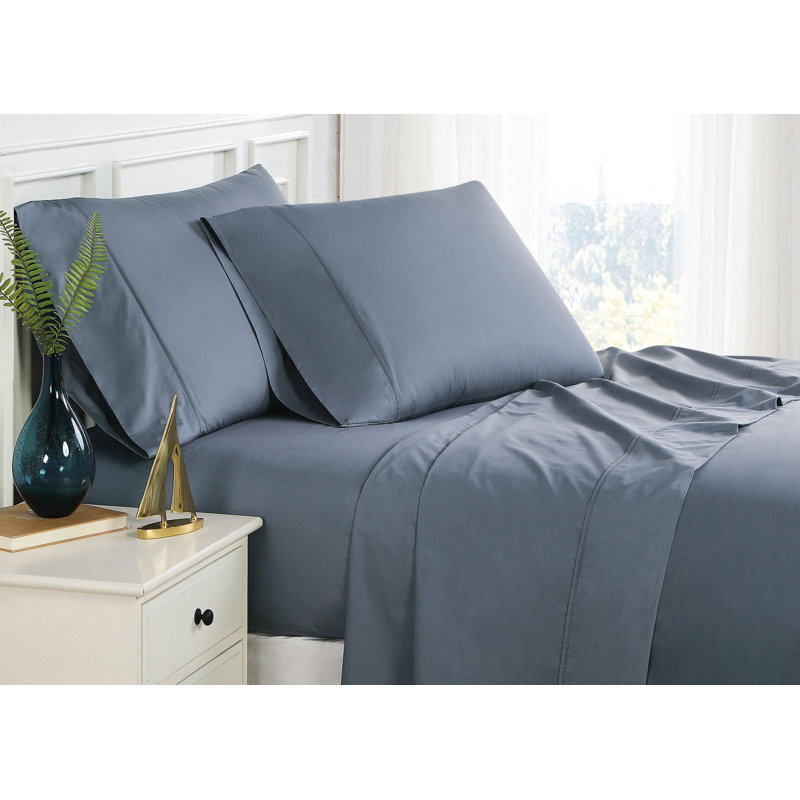 Curtia 300 Thread Count 100% Cotton Percale Sheet Set, California King, Steel Blue