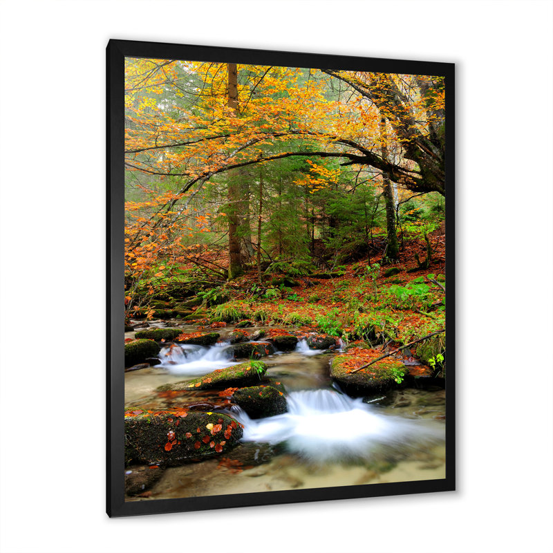 «Beautiful Autumn Forest Waterfall V», œuvre d'art traditionnelle sur toile, Toile avec cadre noir