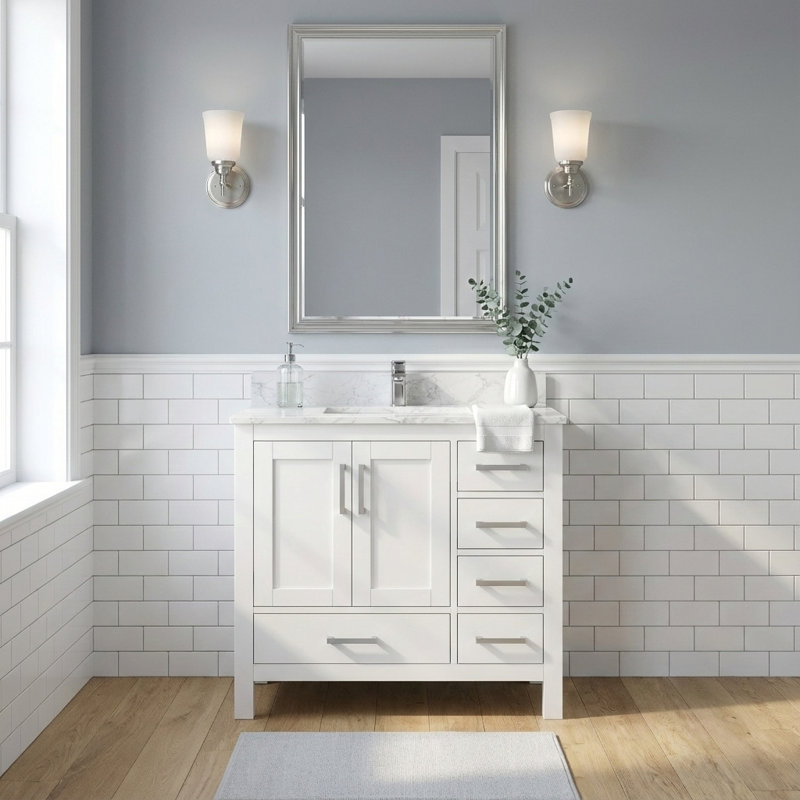 Armoire Cerny 36 "avec comptoir en granite, armoire en bois massif avec lavabo simple blanc, Blanc, 36"