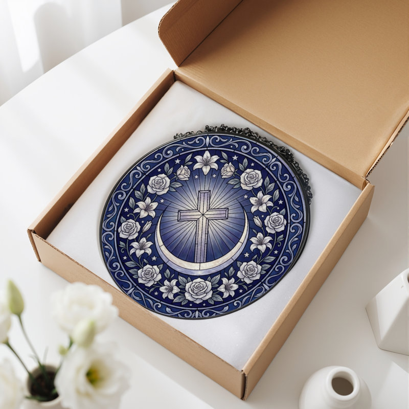 Cross Moon Stained Glass Window Panel,12"H, 12"H