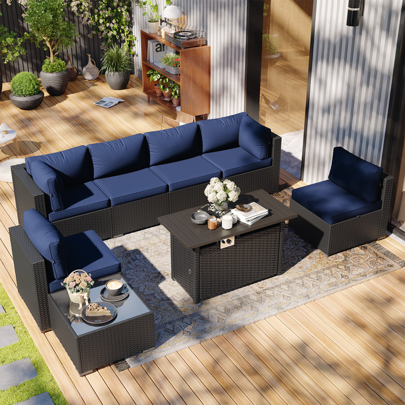 8-Piece Patio Furniture Set with Propane Gas Fire Pit Table, Black, Navy