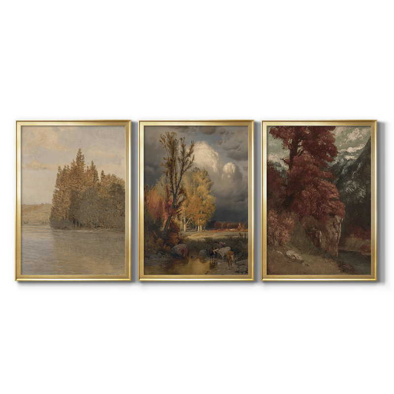 Paysage rétro CLXV III - Toile tendue avec châssis sur mesure - 3 pièces, H 21 po x l 30 po, Doré
