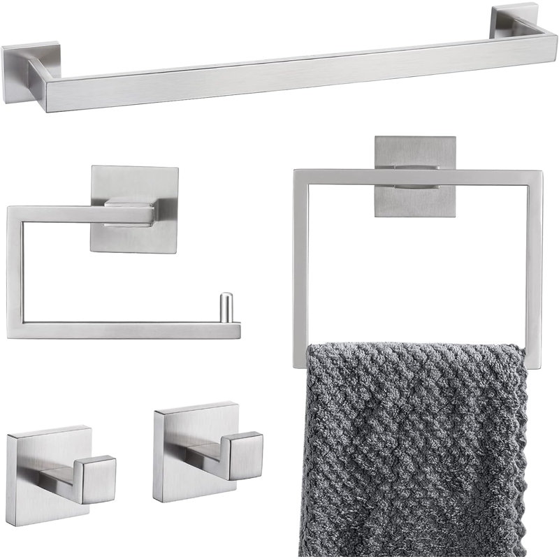 5-Piece Bathroom Hardware Set - Premium SUS304 Stainless Steel Towel Bar & Holder Kit With Concealed Screws For Modern Bathroom & Kitchen
