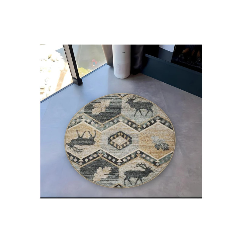 Gray Beige Vintage Deer Detailed Woven Base Modern Decorative Carpet, Round 2'8"