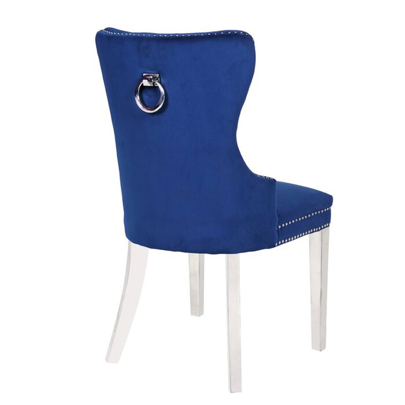 Chaise en velours bleu à pieds en acier inoxydable, dossier, rehaussant le confort de l'espace, Marine