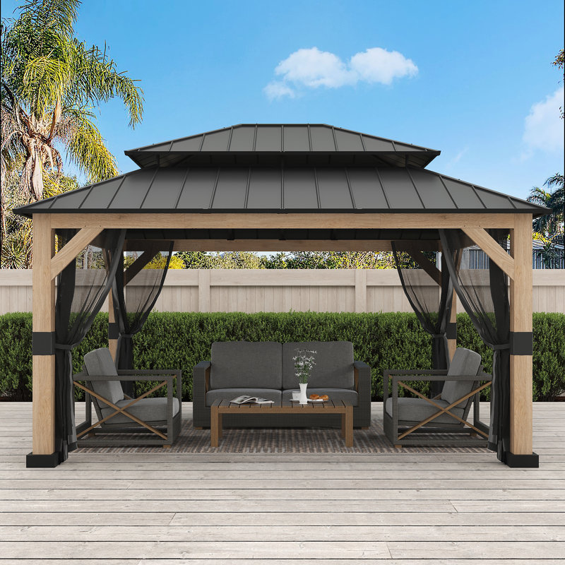 11' X 13' Cedar Wood Gazebo With Hardtop Roof, Featuring Mosquito Curtain Netting – Perfect Patio Gazebo For Your Outdoor Garden, Backyard, Deck, Or Lawn.