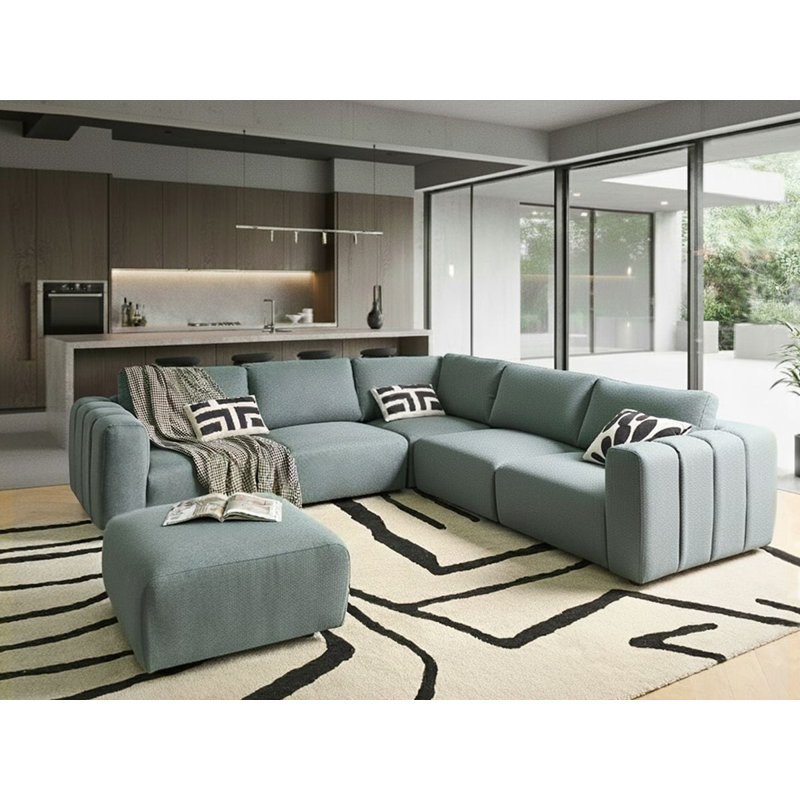Blerata 5 Seater Corner Sofa, Green Fabric, Left Hand Facing
