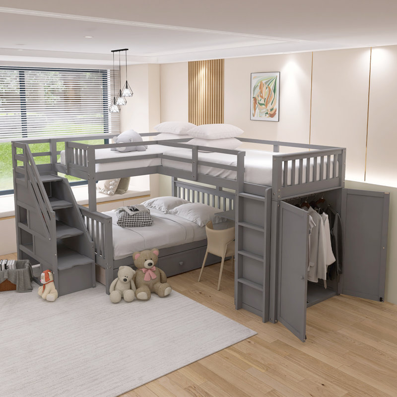 Lit superposé simple en forme de L simple avec 3 tiroirs, bureau portable et garde-robe, Gris