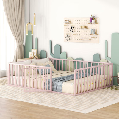 Queen Size Metal Floor Bed Frame for Kids with Fence & Door, Durable Sturdy Bed, Easy Assembly, Pink