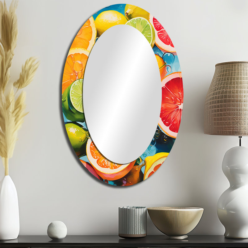 Food Citrus Collage Popart - Grand miroir mural ovale sur métal, 36 po x 24 po