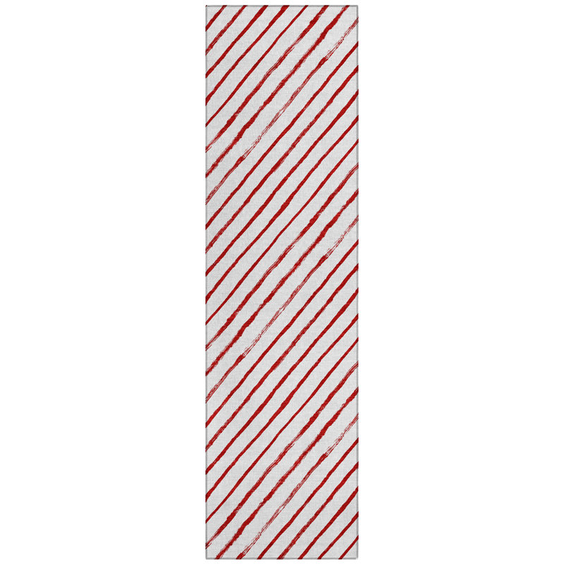 Machine Washable Indoor/Outdoor Christmas Striped Xhevrie Red Rug, Runner 2'3" x 7'6"