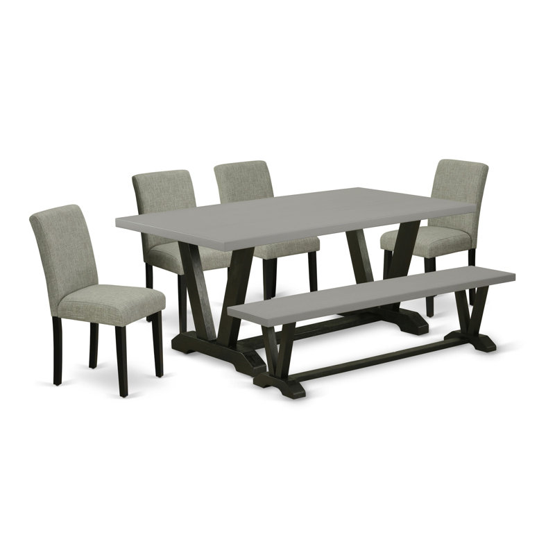L'ensemble de salle à manger 6 pièces contient une table de salle à manger rectangulaire avec des pieds en V et 4 chaises rembourrées en tissu Shitake en lin avec un banc, finition noire brossée