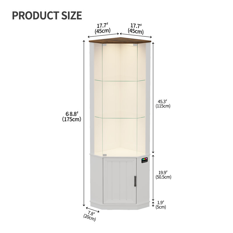 Armoire de coin de 69 po de hauteur avec lumières colorées et tablettes réglables, Blanc