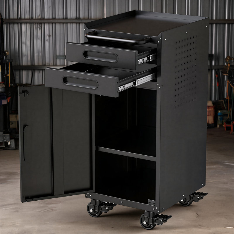 Cette armoire de rangement étroite à roulettes en métal comporte des portes verrouillables, des tiroirs doubles et une grande poignée. Sa conception élancée permet d'économiser de l'espace et convient pour ranger des outils dans divers petits espaces.