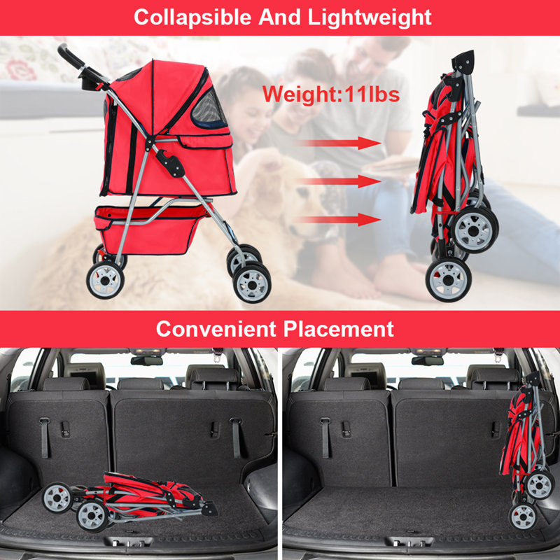 Red Folding Pet Stroller with Mesh Windows