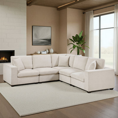 Burbach 118" Modern & Contemporary Chenille 5-Piece Modular Sectional Sofa with Reversible Cushions and Three Accent Pillows