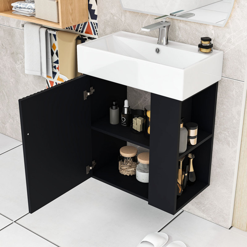 Maurice Modern Floating Bathroom Vanity with Ceramic Sink, Wave-Patterned Door and Storage Shelves, Black
