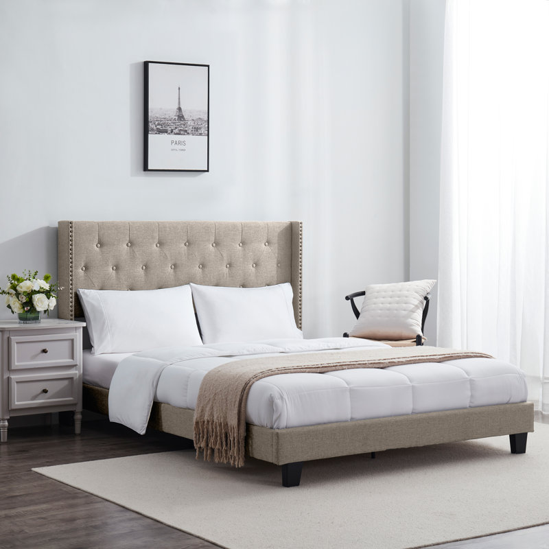 Nestl Wingback Diamond Upholstered Platform Bed, Full, Beige