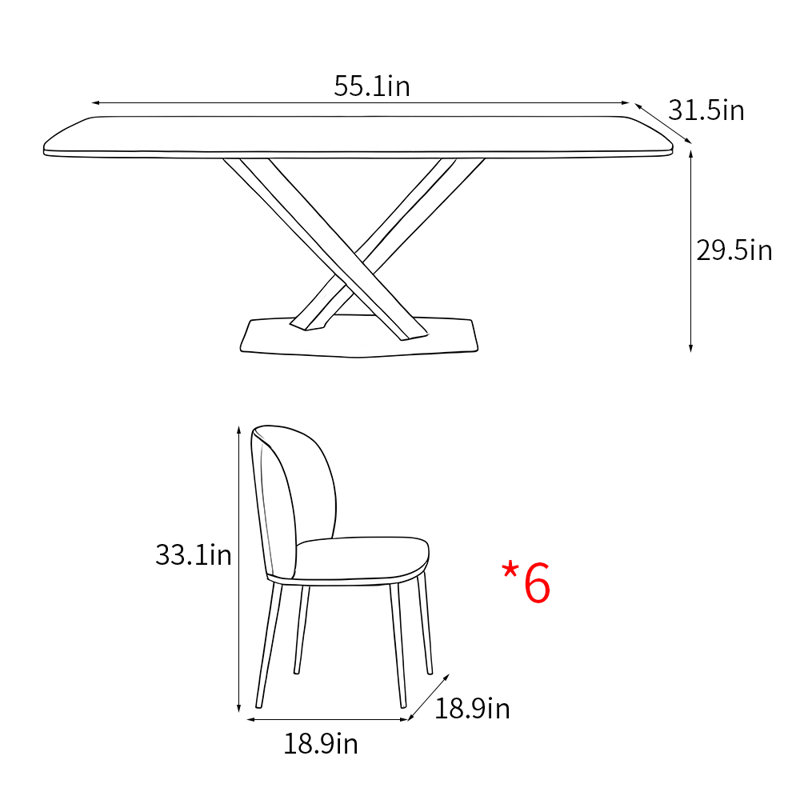 Ensemble de table de salle à manger rectangulaire de style italien, H 29,5 po x L 55,1 po x l 31,5 po