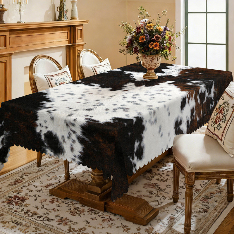 Black and white abstract design machine-washable polyester tablecloth, 86.6" L x 70.8" W