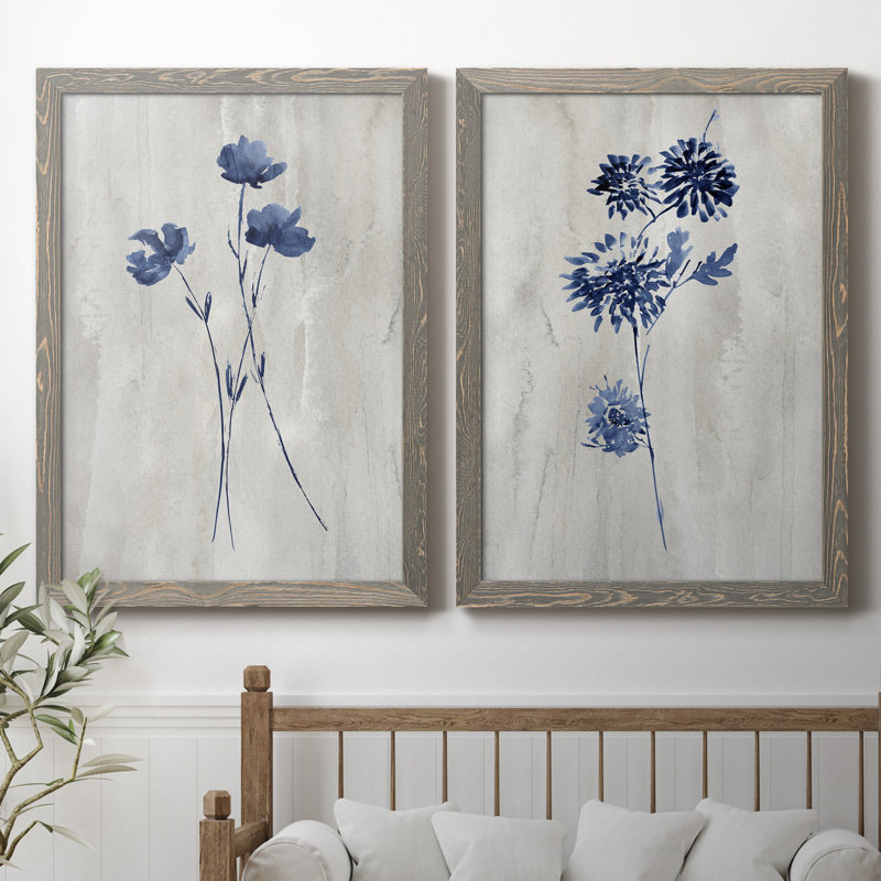 Indigo Botanical III - ensemble de 2 reproductions d'impressions, H 37,5 po x l 55 po x P 1,5 po, Toile avec cadre gris