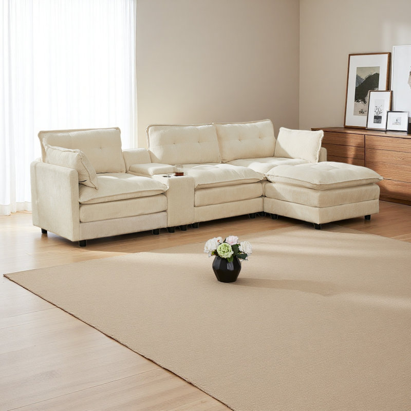 119" L-Shaped Oversized Corduroy Modular Sectional Sofa With 1 Ottoman And Multi Functional Console, 4-Seater Upholstered Couch With USB And 2 Cup Holder