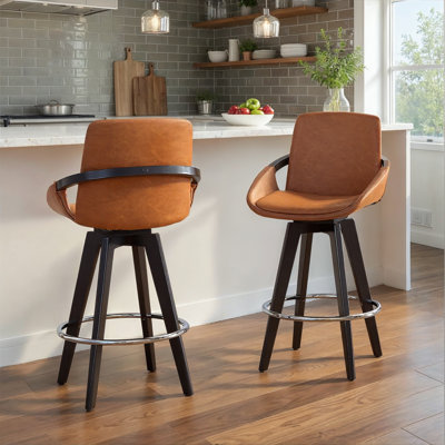 Whitacre 26" Fixed-Height Camel Faux Leather Counter Stools with Black Wood Legs & Round Footrest